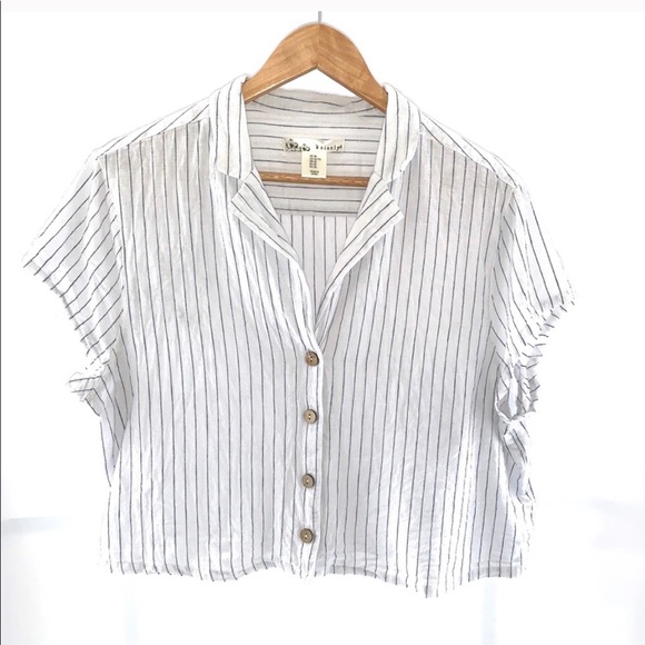 Kaisely Tops - Cropped Pinstripe Button Up Wooden Beachy Blouse